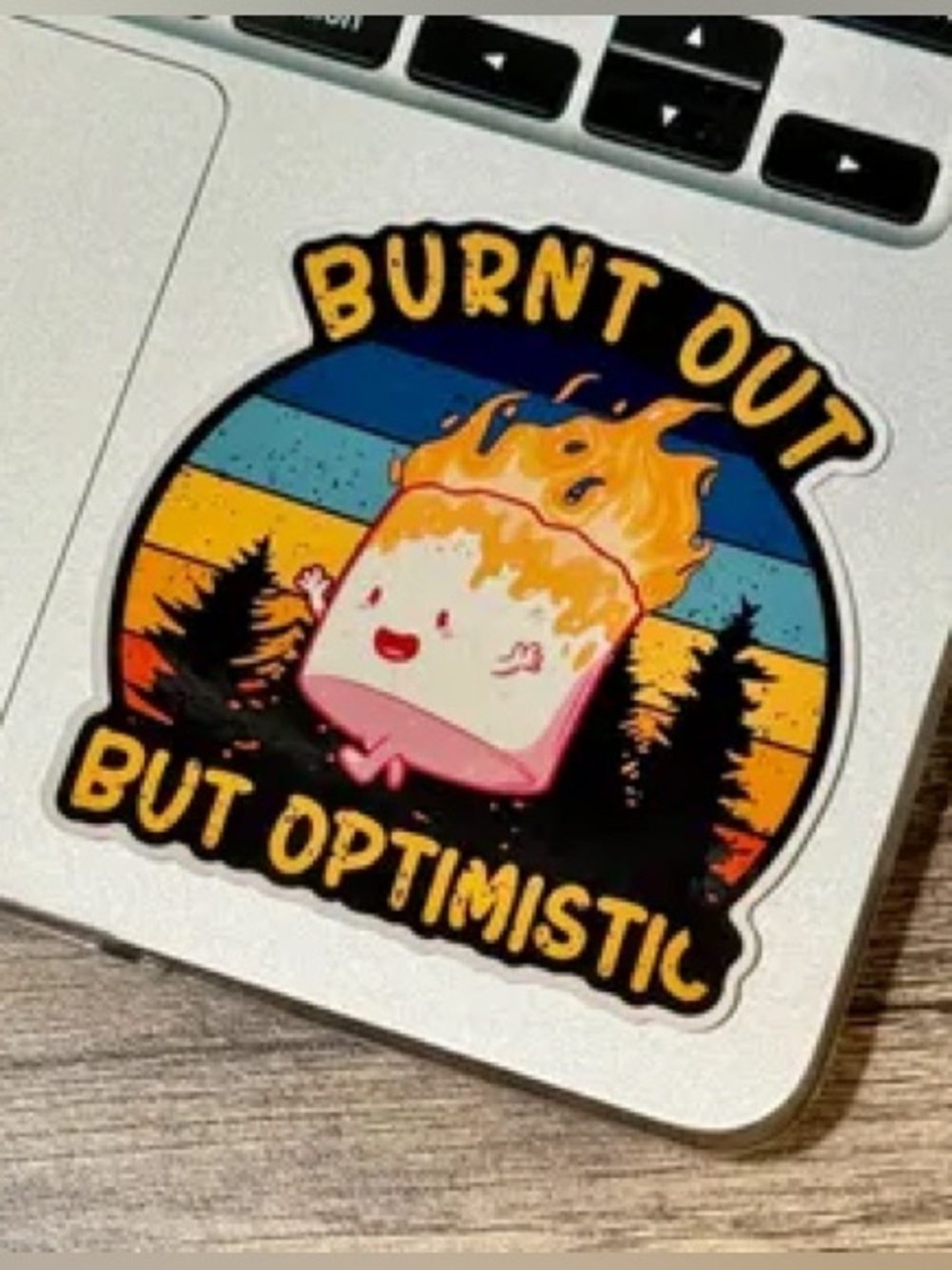 NEW - Humorous, Burnt Out But Optimistic, Sticker 2” x 2.25”
